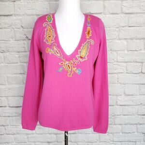 Ralph Lauren Black Label Embroidered Pink V-Neck Cashmere Sweater Size M